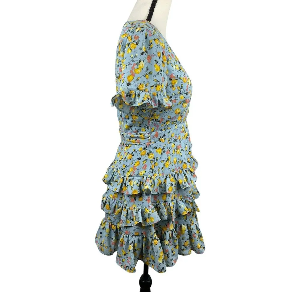 Lulus Feeling Butterflies Blue Floral Boho Tiered Ruffle Mini Dress Medium - Picture 5 of 12